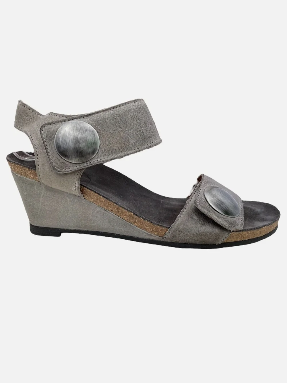 Taos Carousel Graphite Grey Leather Wedge Sandals Silver Buttons - 42/11-11.5 US